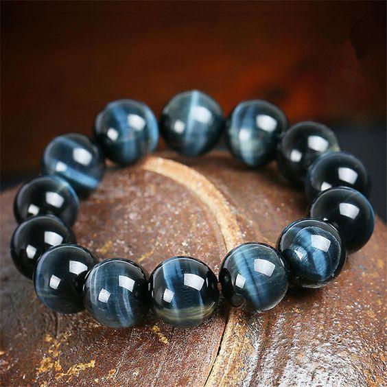 Bracelet homme en oeil de faucon, perles bleues