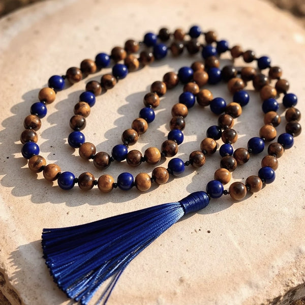 Collier Mala "Protection & Communication" en Lapis Lazuli & Oeil de Tigre