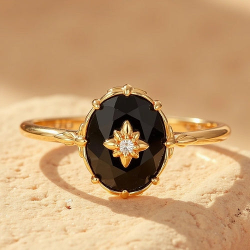 Bague Ajustable Charme Nocturne en Agate Noire - Jardin de Gaïa