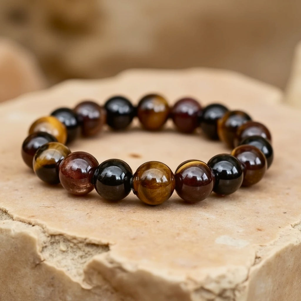 Bracelet "Réussite & Protection" en Oeil de Tigre, Grenat, Tourmaline & Quartz Fumé