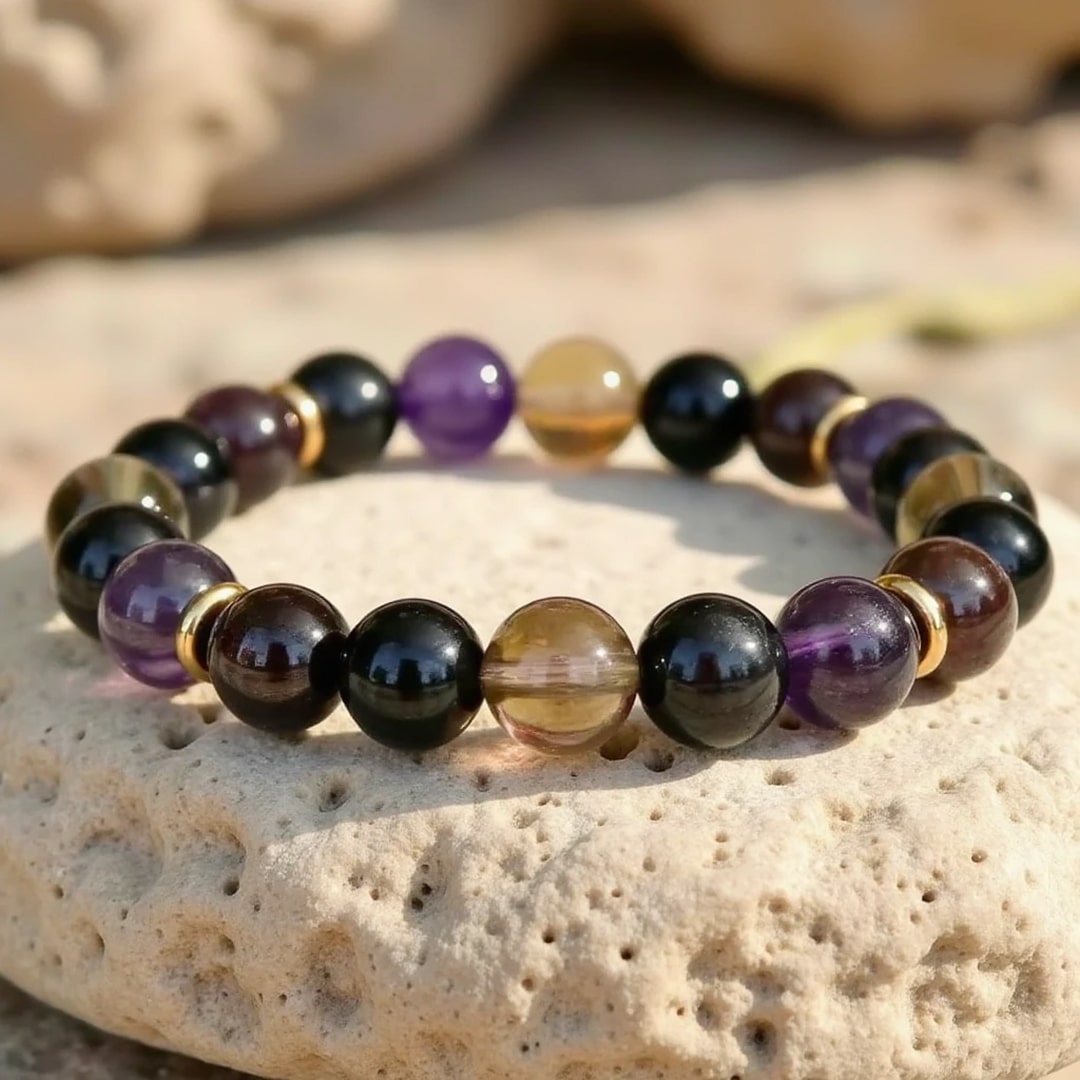 Bracelet "Harmonie & Protection" en Shungite, Quartz Fumé, Améthyste & Grenat