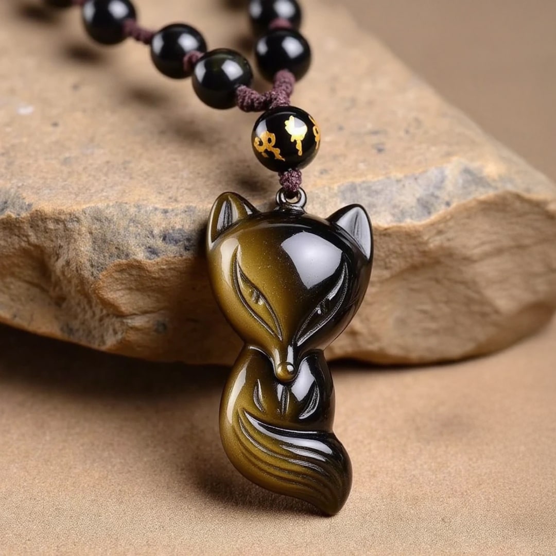 Pendentif "Renard Sage" en Obsidienne Dorée