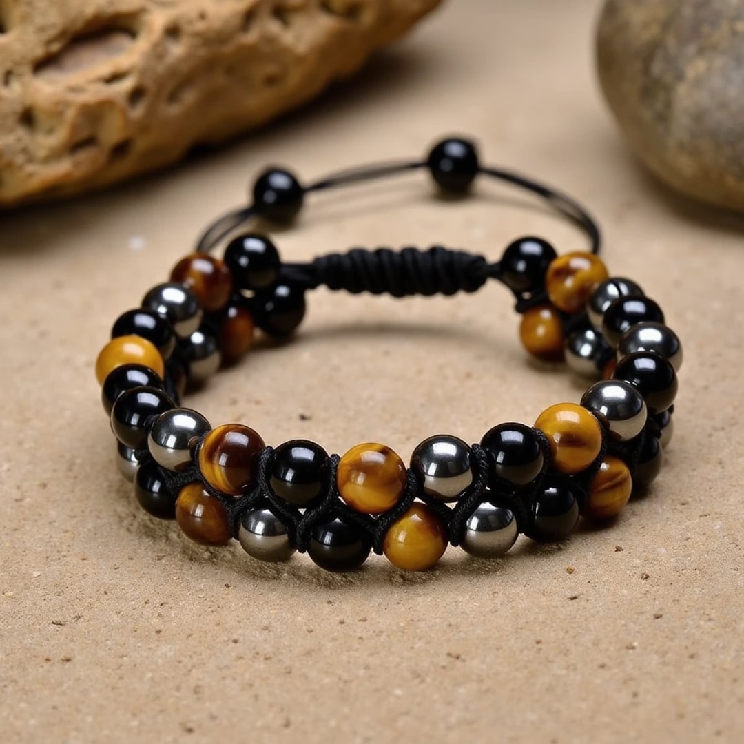 Bracelet Tressé Ajustable "Triple Protections" en Hématite, Oeil de Tigre & Obsidienne