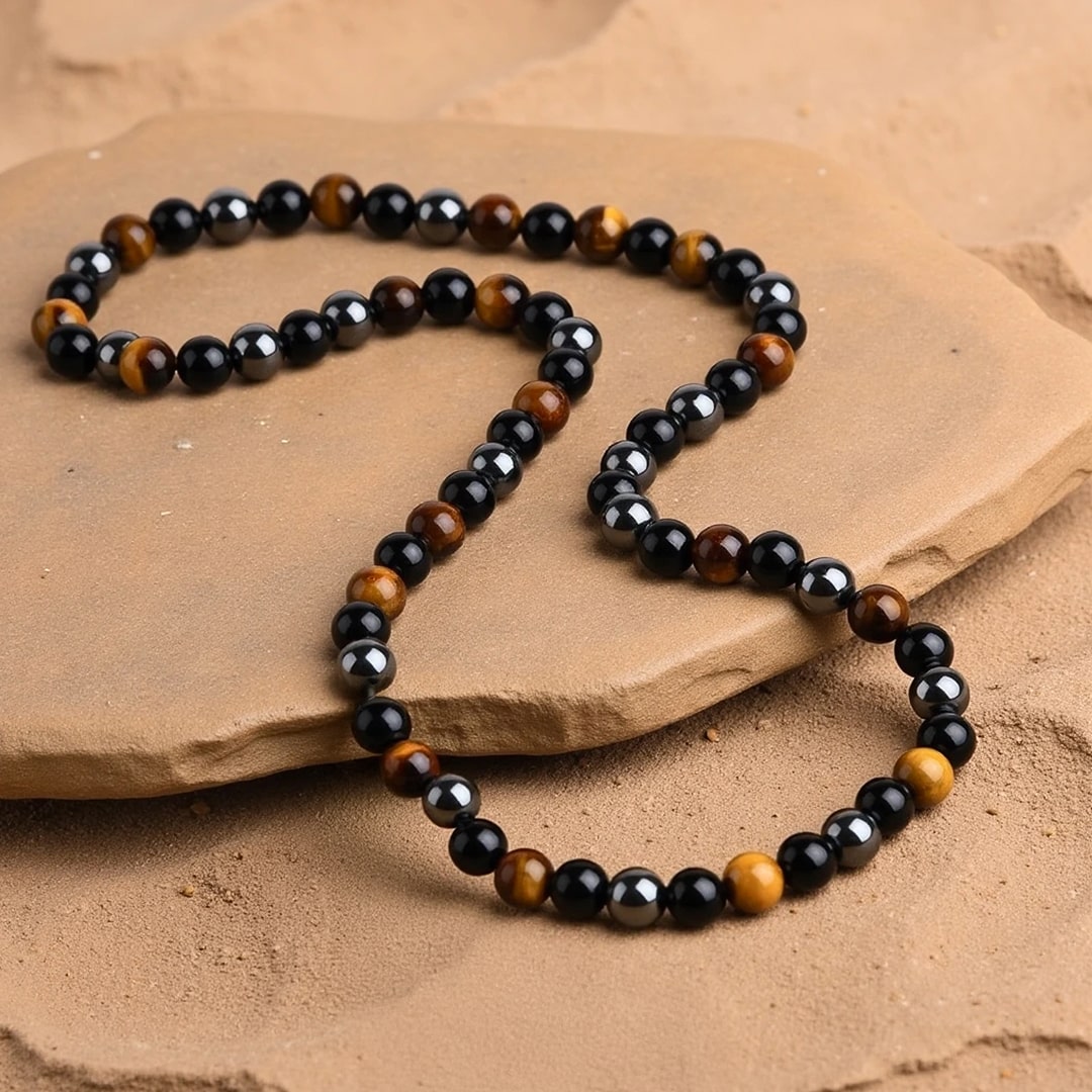 Collier "3 Protections" en Hématite, Obsidienne & Oeil de Tigre