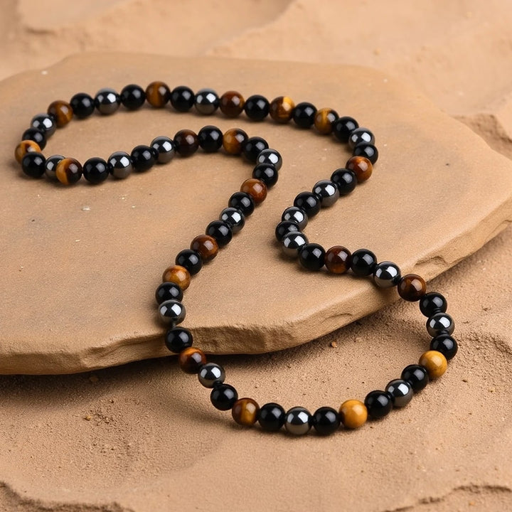 Collier "3 Protections" en Hématite, Obsidienne & Oeil de Tigre