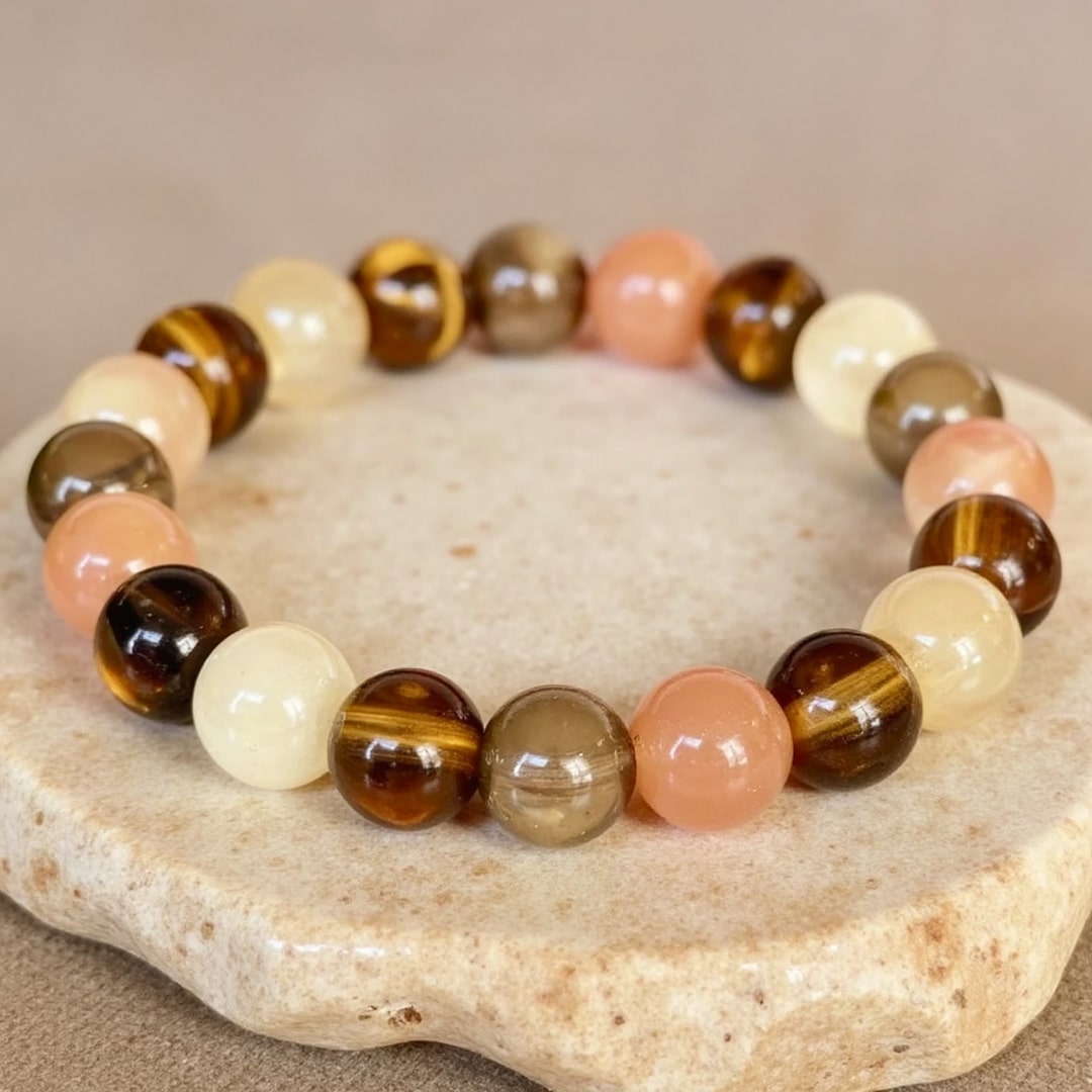 Bracelet "Énergie Solaire" en Quartz Fumé, Œil de Tigre & Quartz Rutile Doré