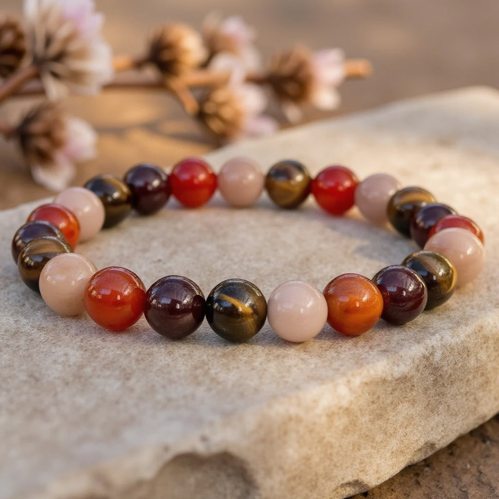 Bracelet "Chance & Joie" en Œil de Tigre, Pierre de Soleil, Cornaline & Grenat