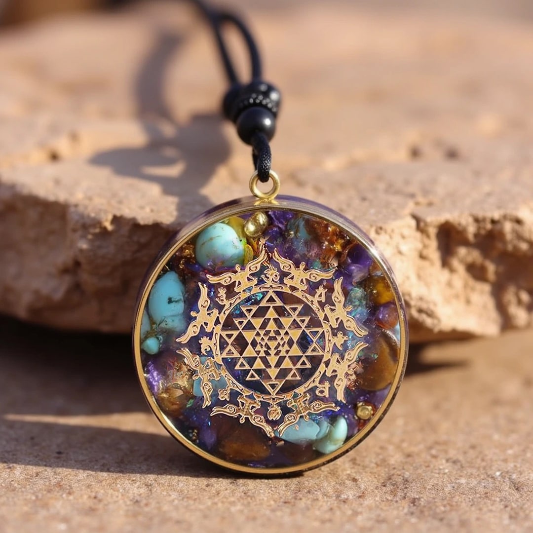 Pendentif Orgonite "Sri Yantra" en Turquoise & Oeil de Tigre