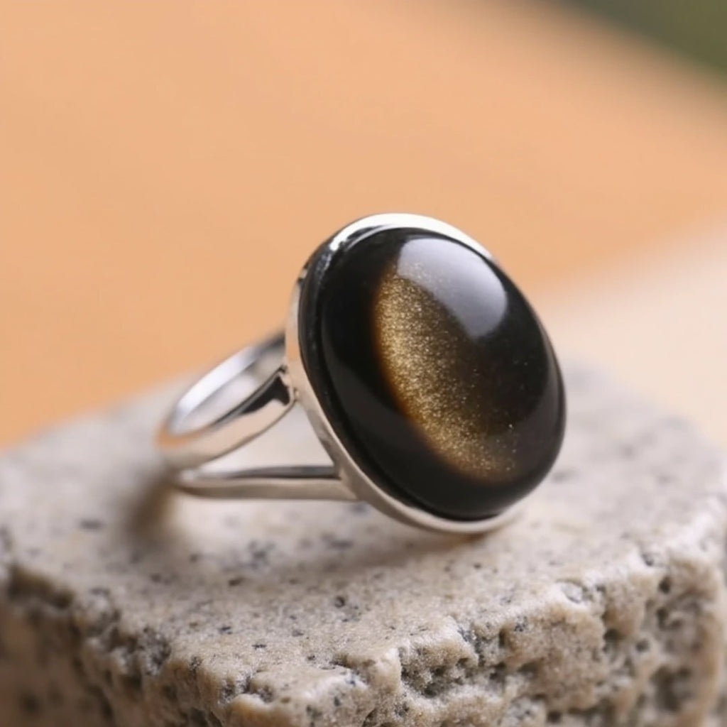 Bague Ajustable "Aura" en Obsidienne Dorée
