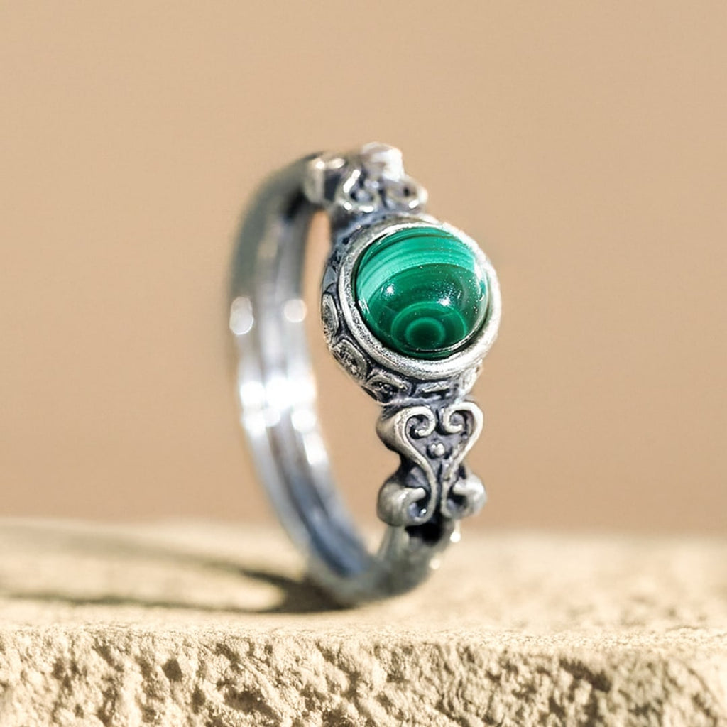 Bague Ajustable "Protection du Cœur" en Malachite & Argent