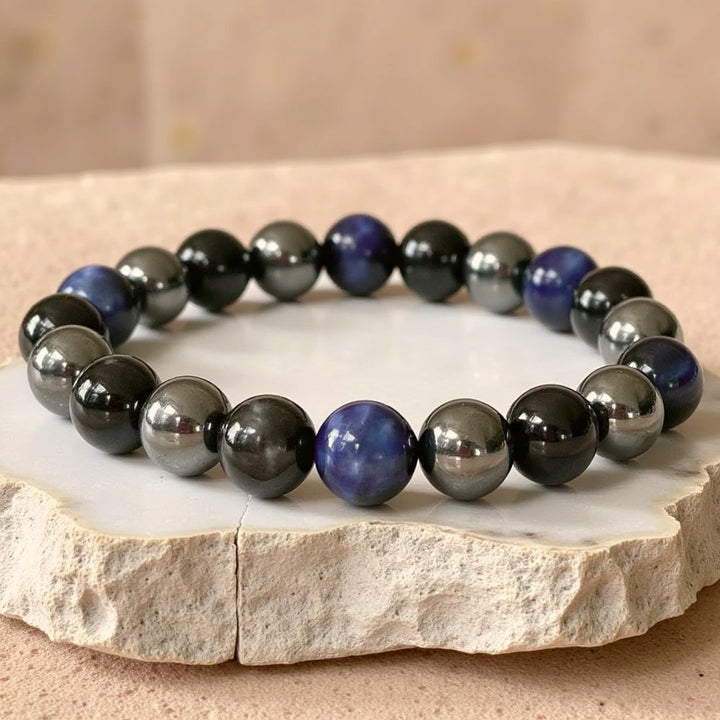 Bracelet "Guidance Intérieure" en Hématite, Tourmaline Noire & Œil de Tigre Bleu