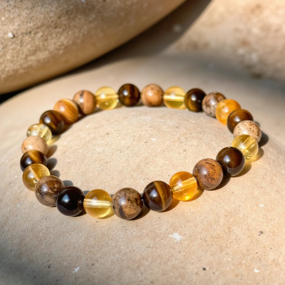 Bracelet "Protection & Prospérité" en Oeil de Tigre, Citrine & Jaspe Paysage