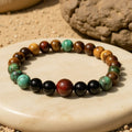 Bracelet Énergies Protectrices en Œil de Tigre, Œil de Taureau & Turquoise Africaine - Jardin de Gaïa