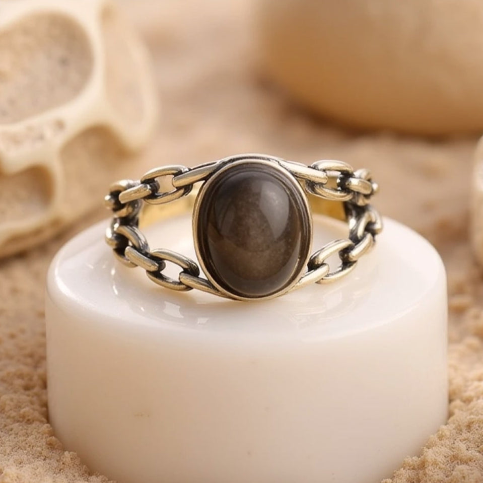 Bague Ajustable "Confiance Sacrée" en Obsidienne Dorée