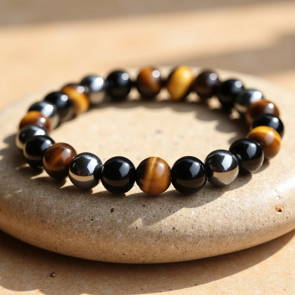 Bracelet "3 Protections" en Œil de Tigre, Hématite & Obsidienne Noire