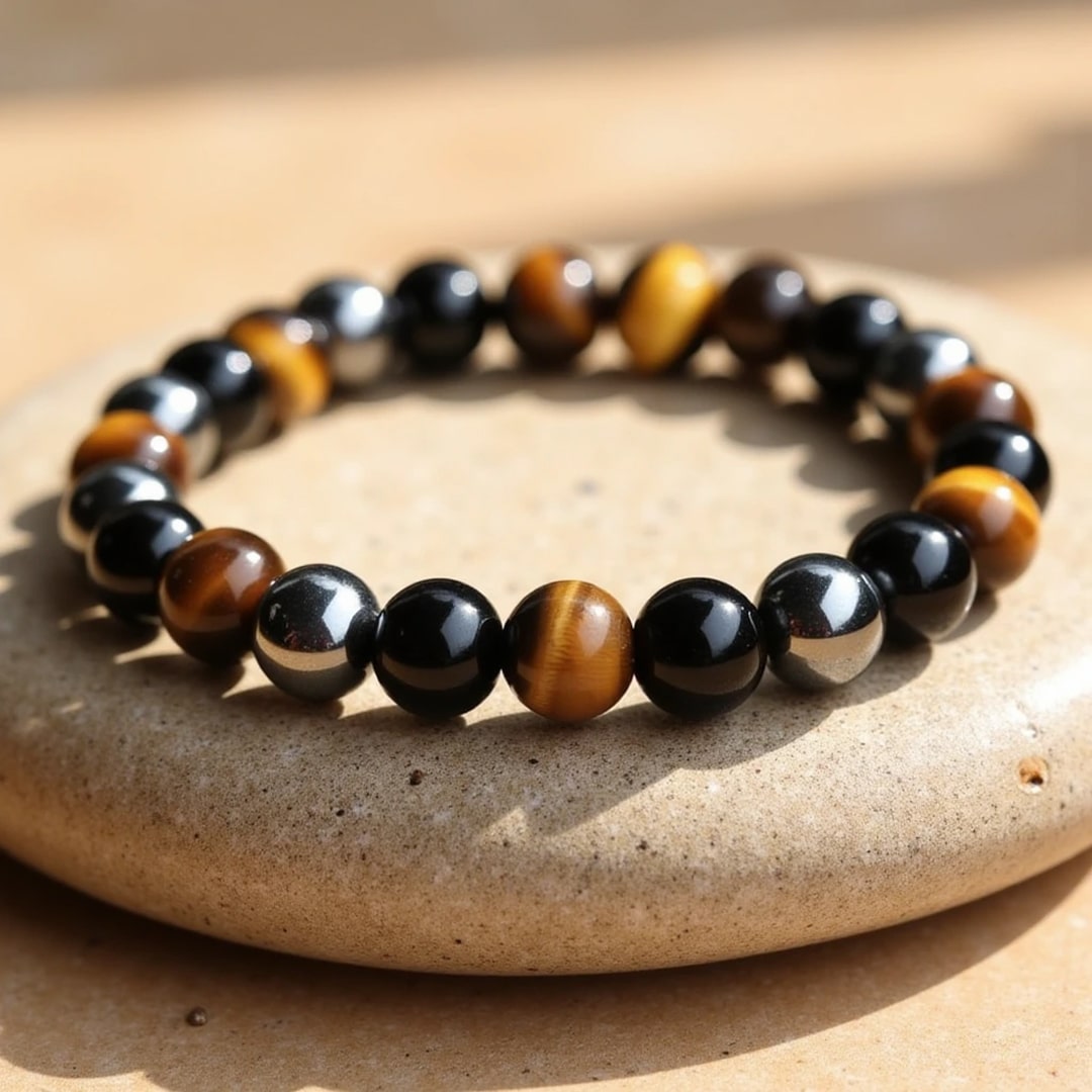 Bracelet "3 Protections" en Œil de Tigre, Hématite & Obsidienne Noire