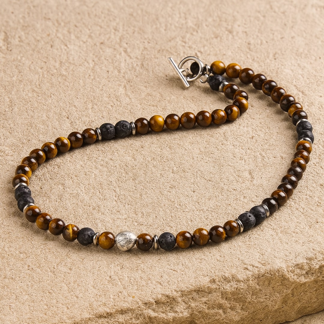 Collier "Énergie Terre & Feu" en Pierre de Lave & Oeil de Tigre