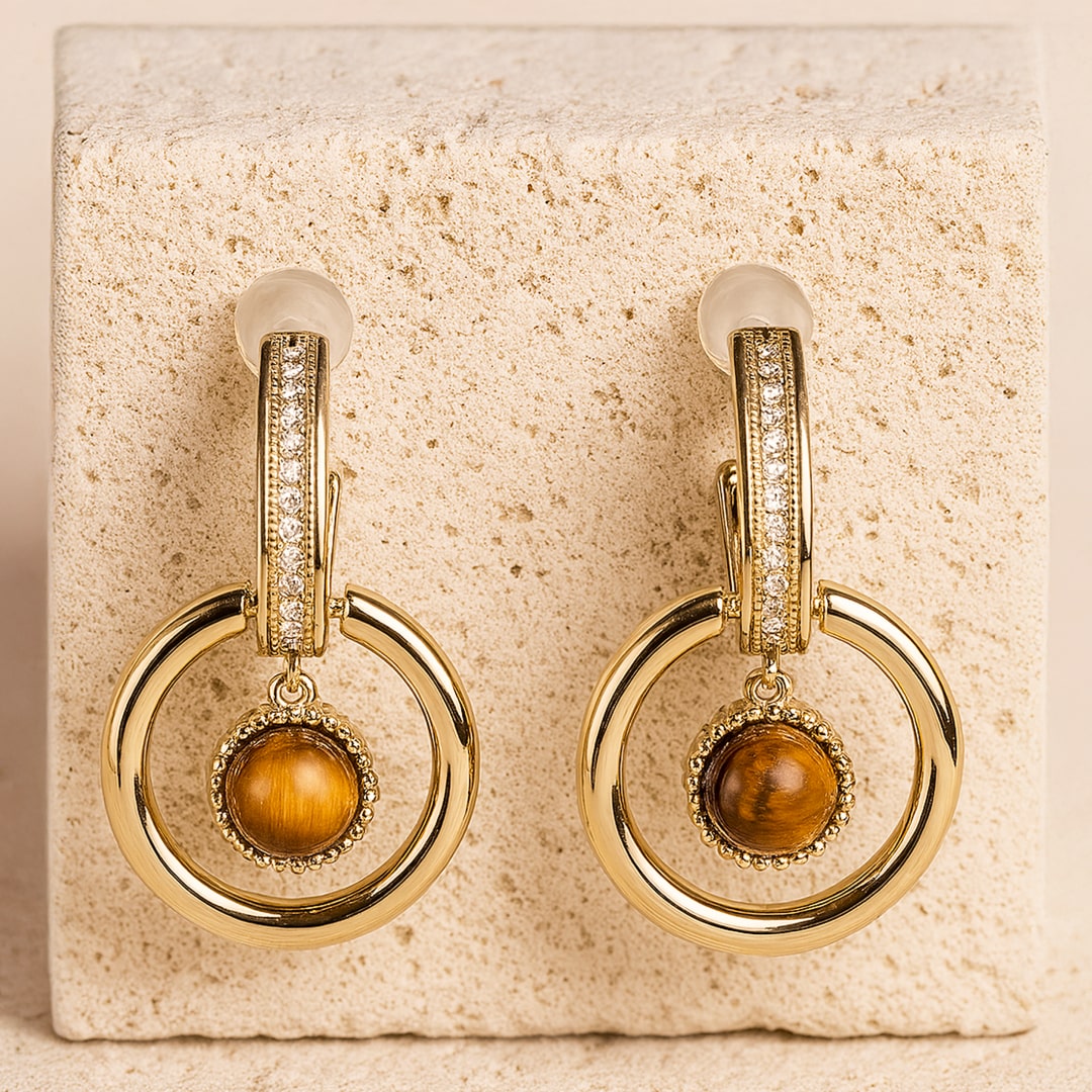 Boucles d’Oreilles "Éclat Félin" en Œil de Tigre & Plaqué Or