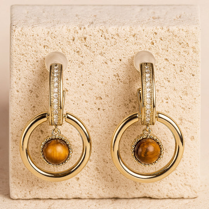 Boucles d’Oreilles "Éclat Félin" en Œil de Tigre & Plaqué Or