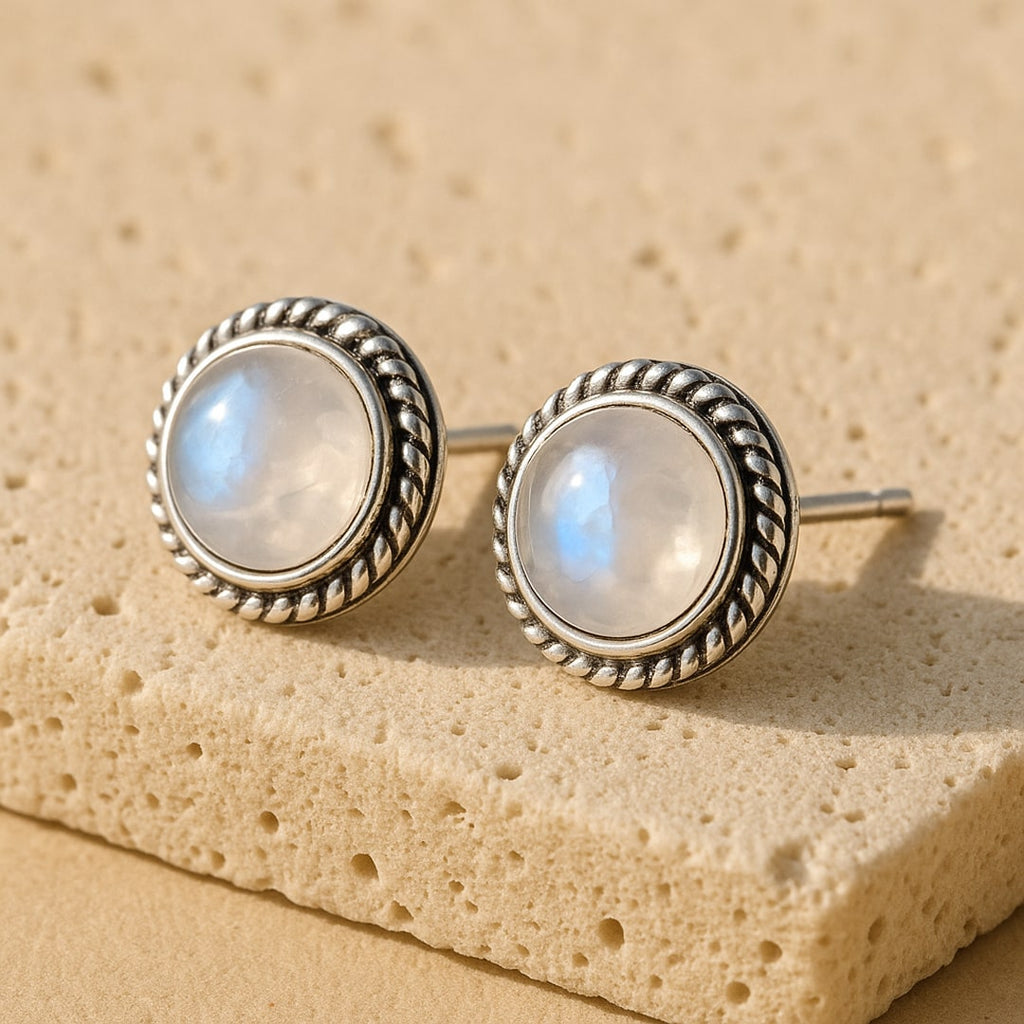 Boucles d’Oreilles "Bouton" en Labradorite Blanche & Argent