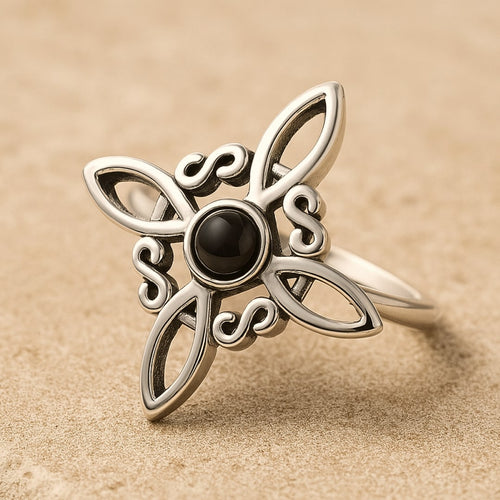 Bague Ajustable Énergie Mystique - Nœud de Sorcière & Obsidienne - Jardin de Gaïa