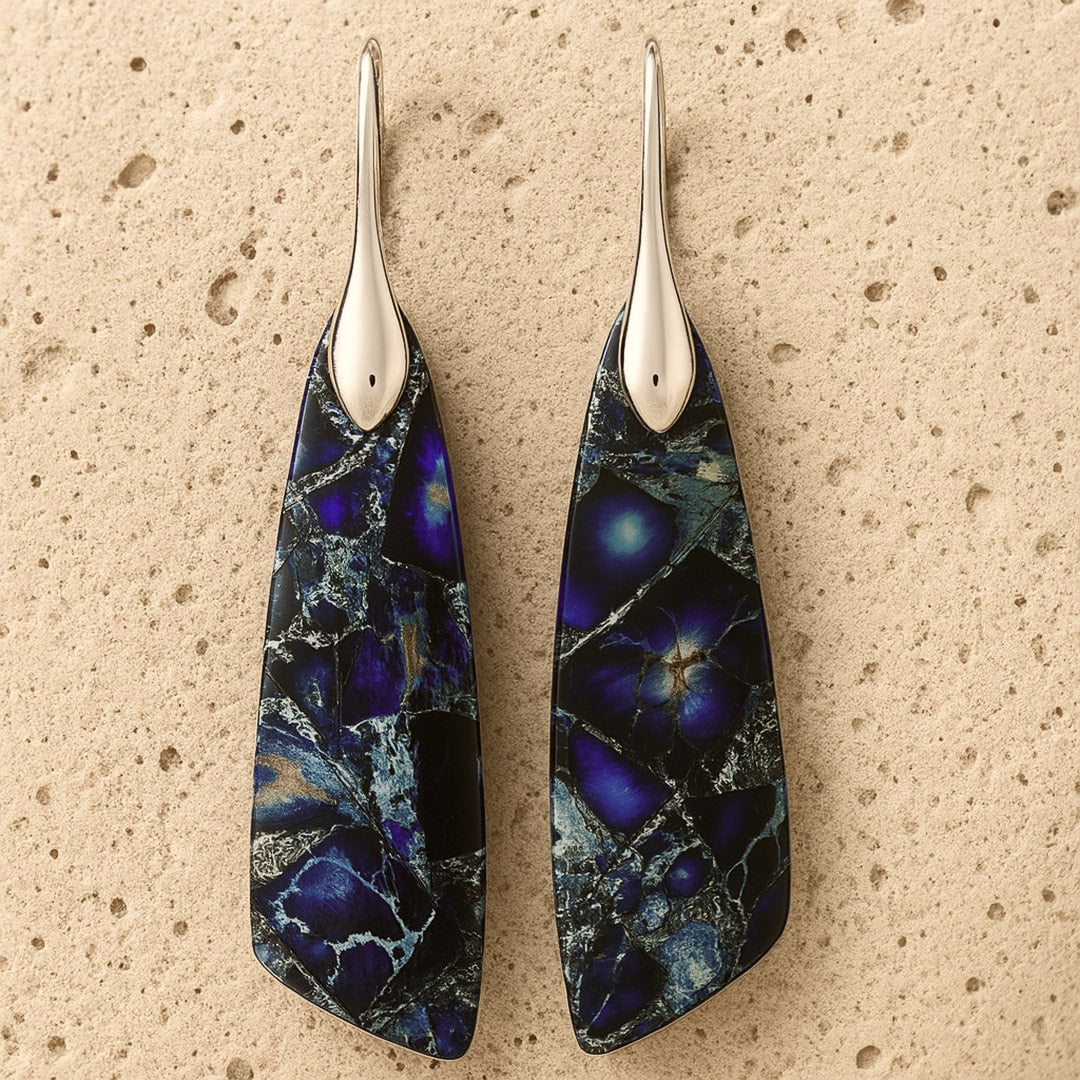 Boucles d’Oreilles "Pendantes" en Jaspe Bleu
