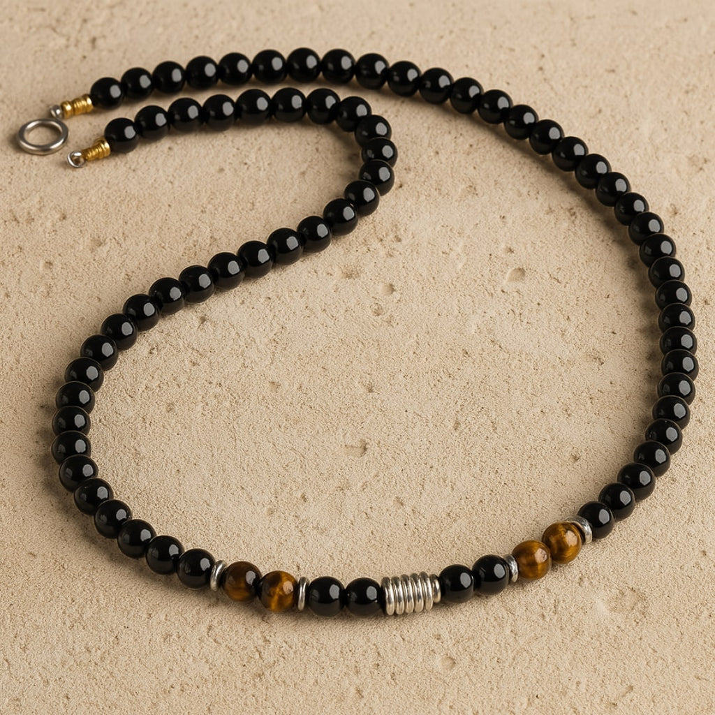 Collier "Bouclier de Sagesse" en Obsidienne Noire & Oeil de Tigre