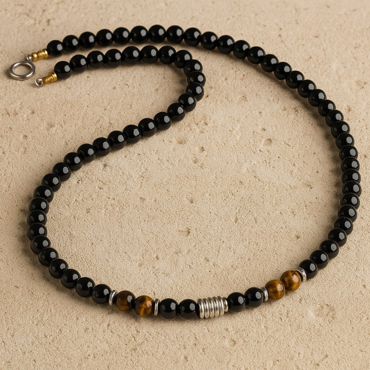 Collier "Bouclier de Sagesse" en Obsidienne Noire & Oeil de Tigre