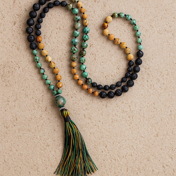 Collier Mala "Retour à Soi" en Jaspe, Turquoise Africaine & Pierre de Lave