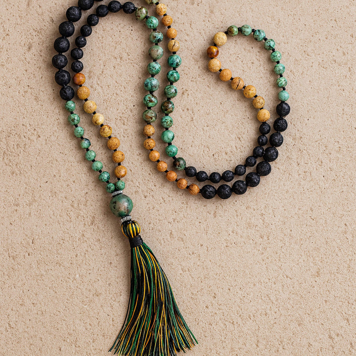 Collier Mala "Retour à Soi" en Jaspe, Turquoise Africaine & Pierre de Lave