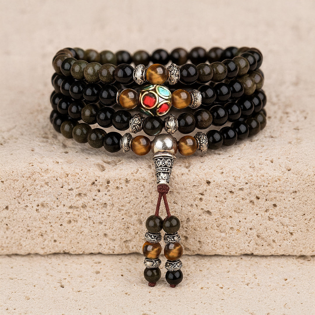 Bracelet Mala "Bouddhiste" en Obsidienne Noire & Dorée