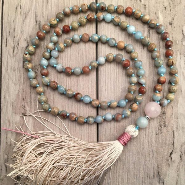 Collier Mala 108 Perles en Jaspe Aqua Terra, Amazonite & Quartz Rose