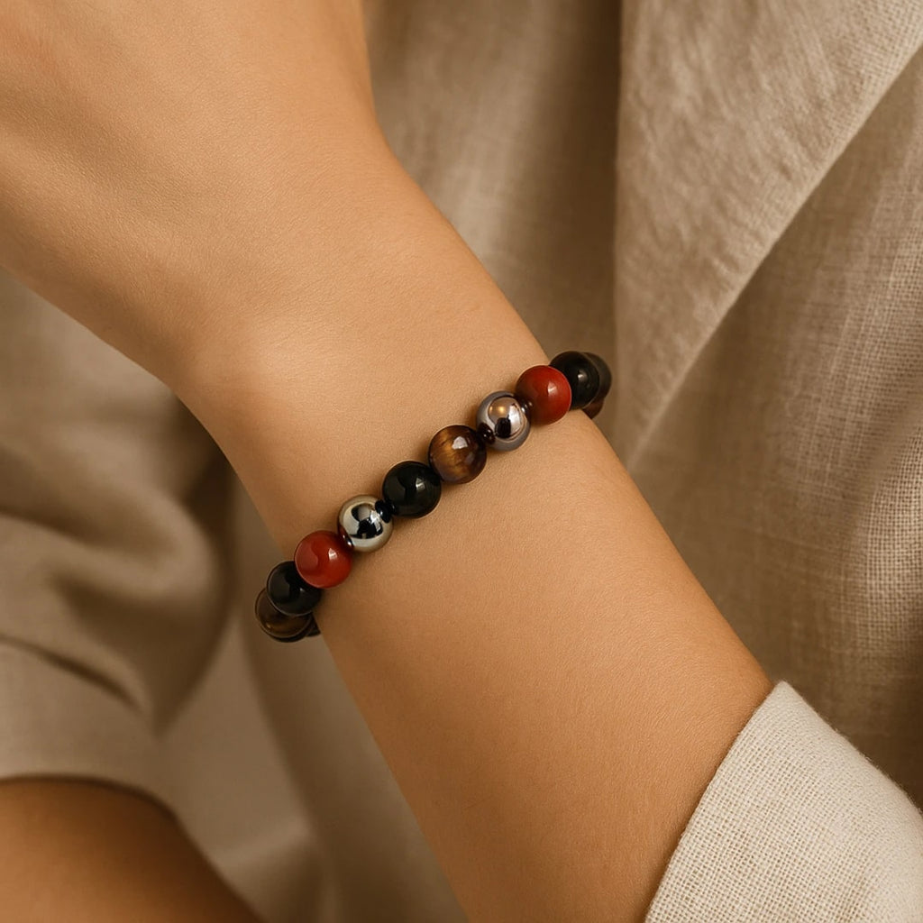 Bracelet "Ancrage & Protection" en Tourmaline, Jaspe Rouge, Hématite & Œil de Tigre