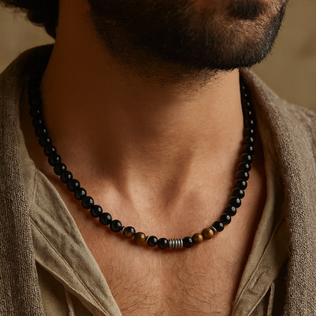 Collier "Bouclier de Sagesse" en Obsidienne Noire & Oeil de Tigre