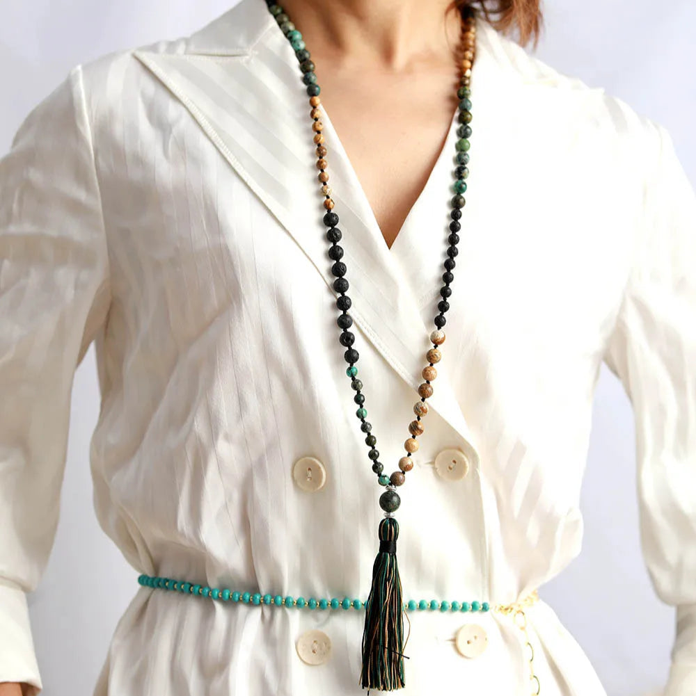 Collier Mala "Retour à Soi" en Jaspe, Turquoise Africaine & Pierre de Lave