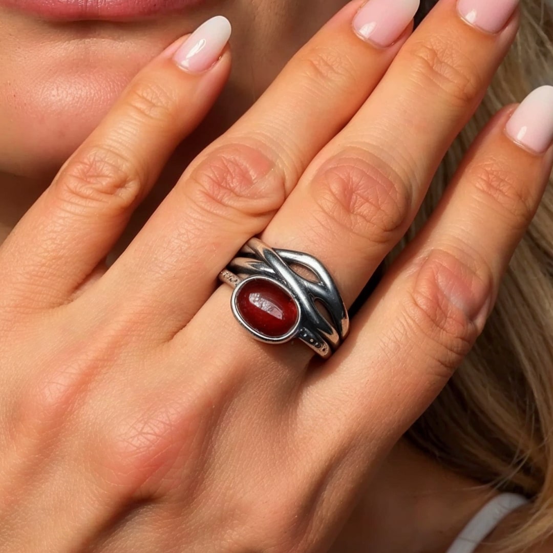 Bague Ajustable "Prema" en Grenat & Argent