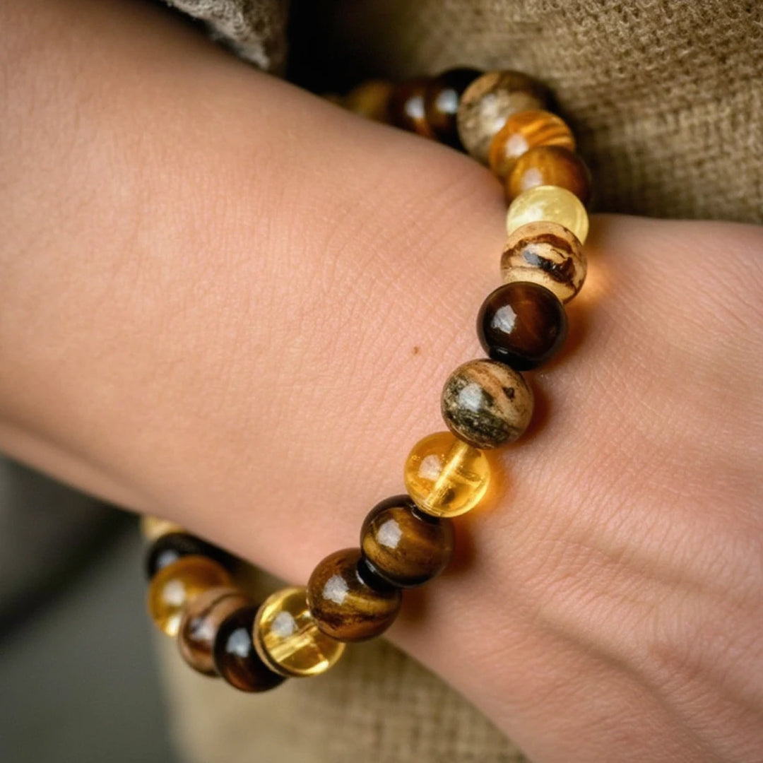 Bracelet "Protection & Prospérité" en Oeil de Tigre, Citrine & Jaspe Paysage