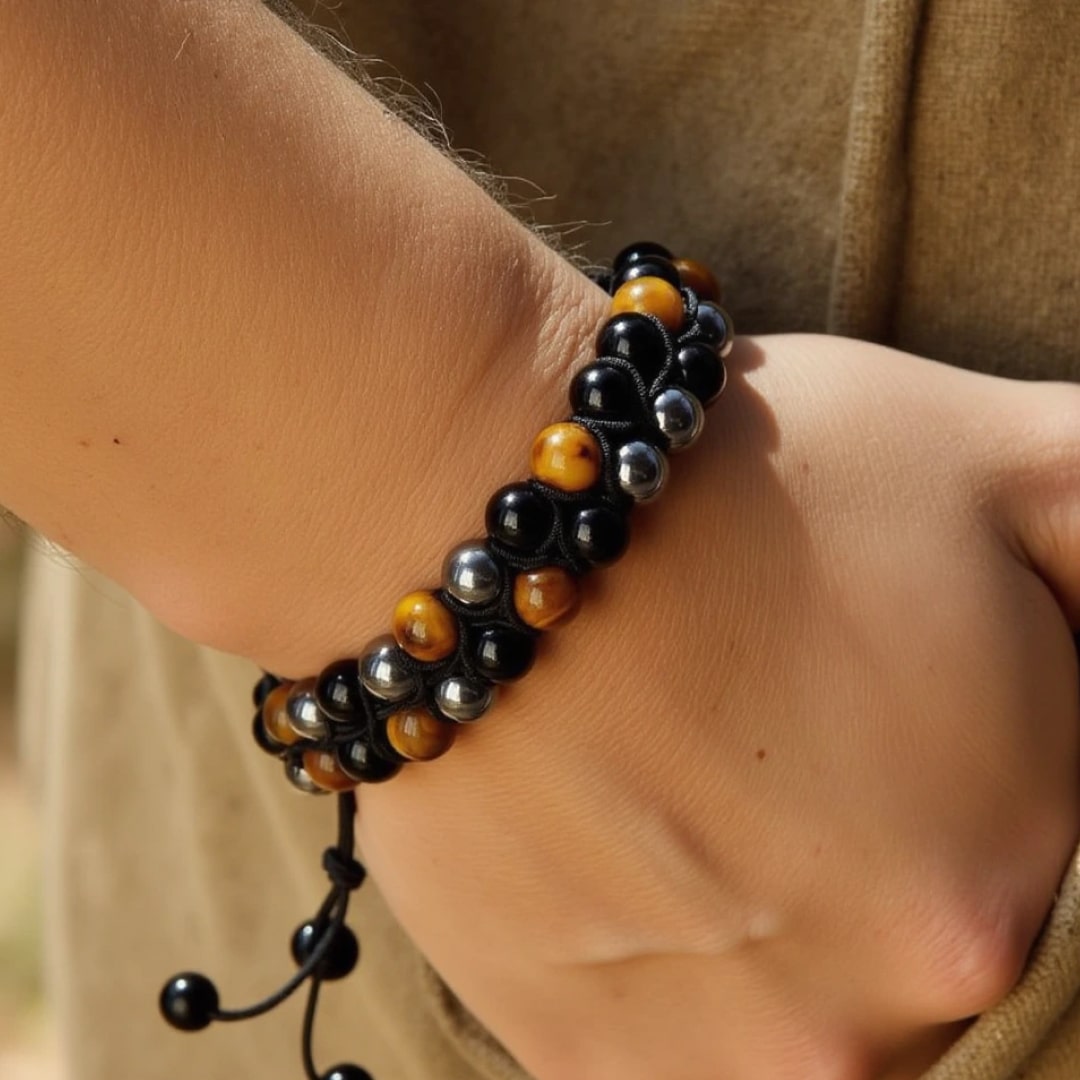 Bracelet Tressé Ajustable "Triple Protections" en Hématite, Oeil de Tigre & Obsidienne