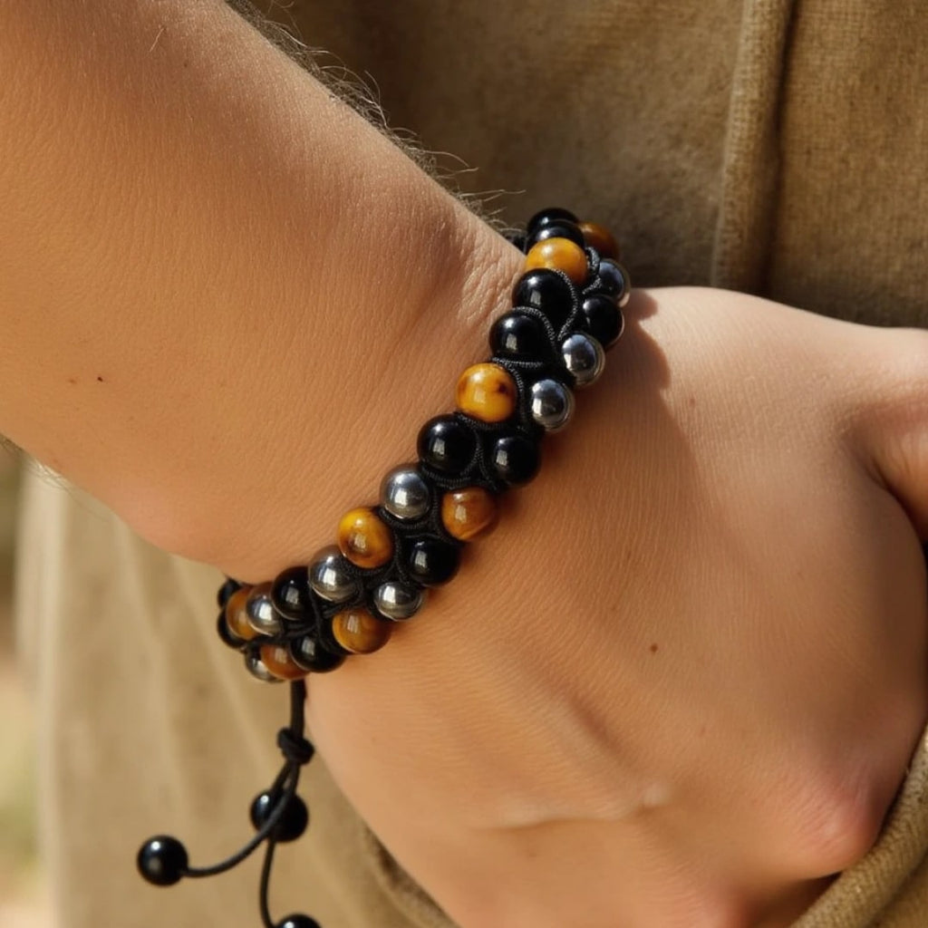 Bracelet Tressé Ajustable "Triple Protections" en Hématite, Oeil de Tigre & Obsidienne