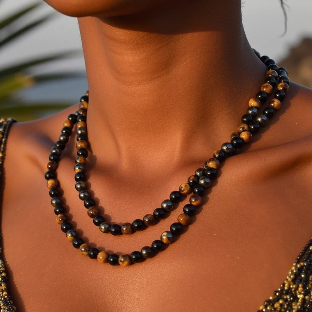Collier "3 Protections" en Hématite, Obsidienne & Oeil de Tigre