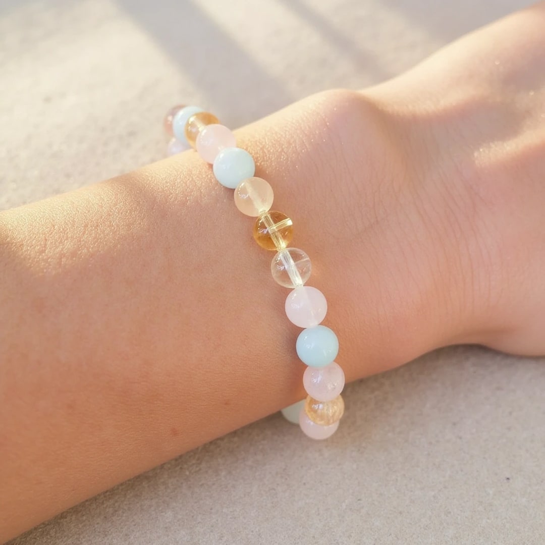 Bracelet "Existence" en Aigue-Marine, Quartz Rose, Citrine & Quartz