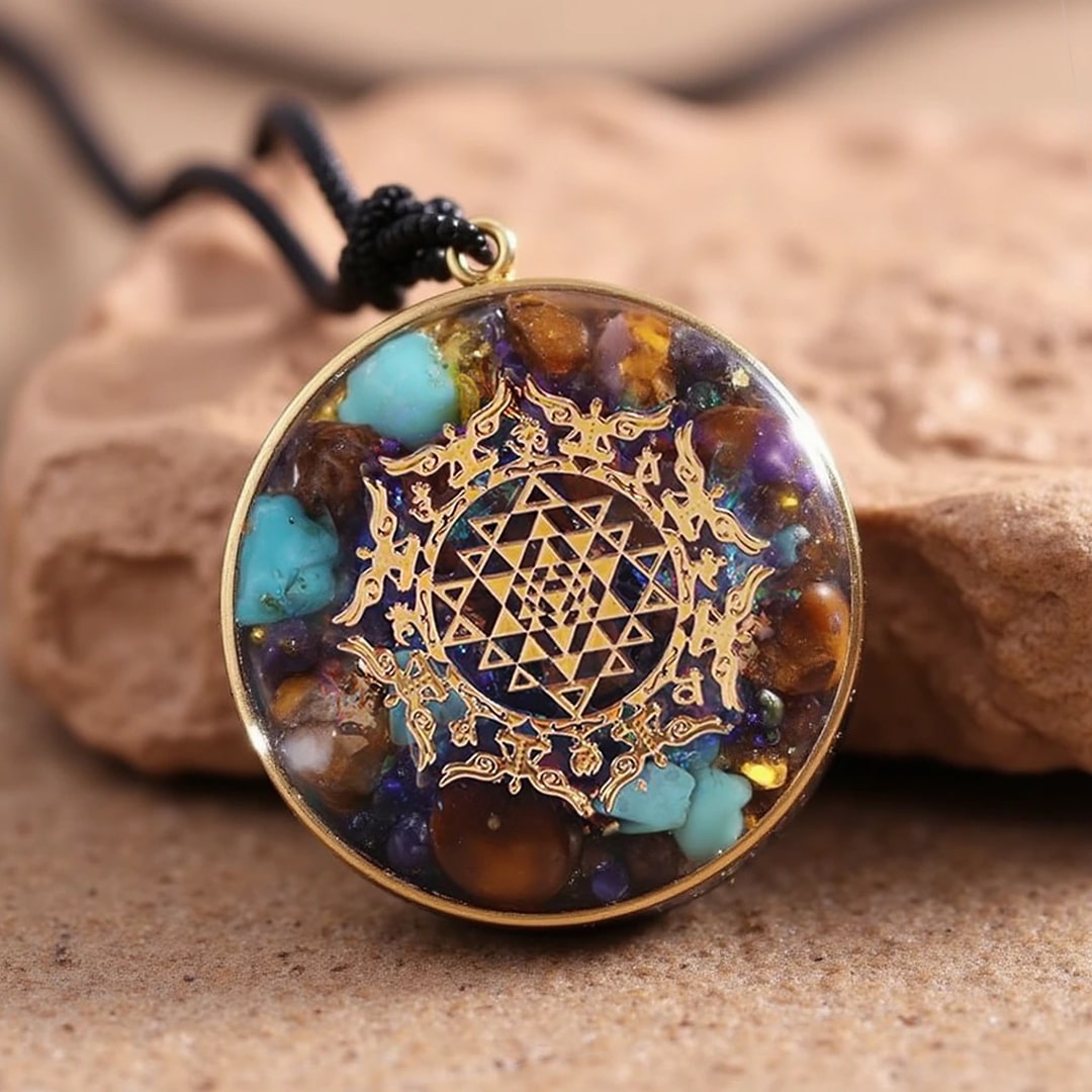 Pendentif Orgonite "Sri Yantra" en Turquoise & Oeil de Tigre