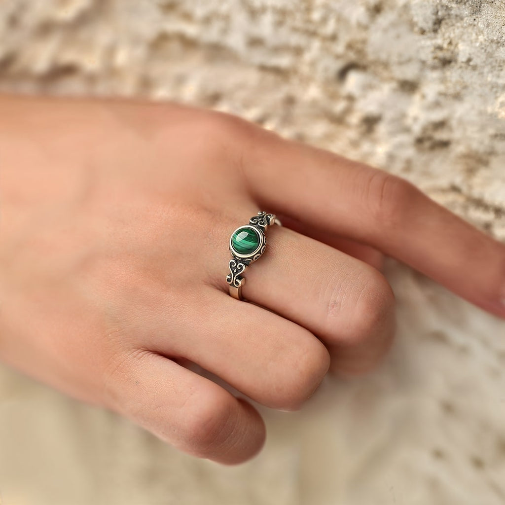 Bague Ajustable "Protection du Cœur" en Malachite & Argent