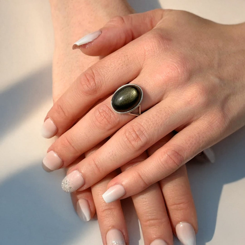 Bague Ajustable "Aura" en Obsidienne Dorée