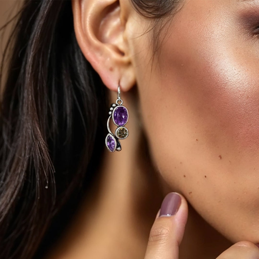 Boucles d’Oreilles "Cascade de Sérénité" en Améthyste & Péridot