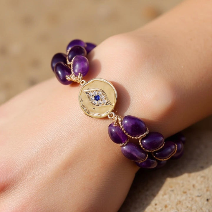 Bracelet "Vision Céleste" en Améthyste & Mauvais Œil Protecteur