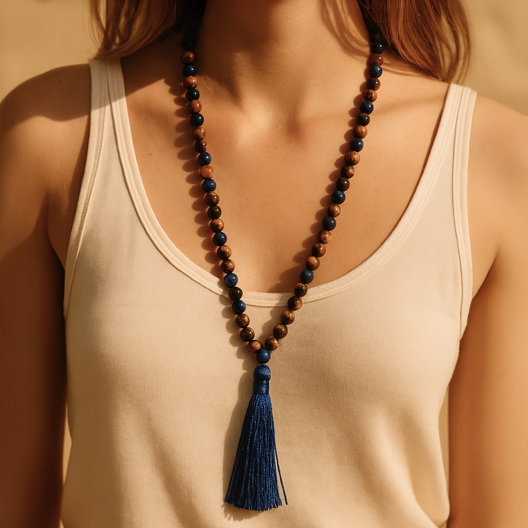 Collier Mala "Protection & Communication" en Lapis Lazuli & Oeil de Tigre