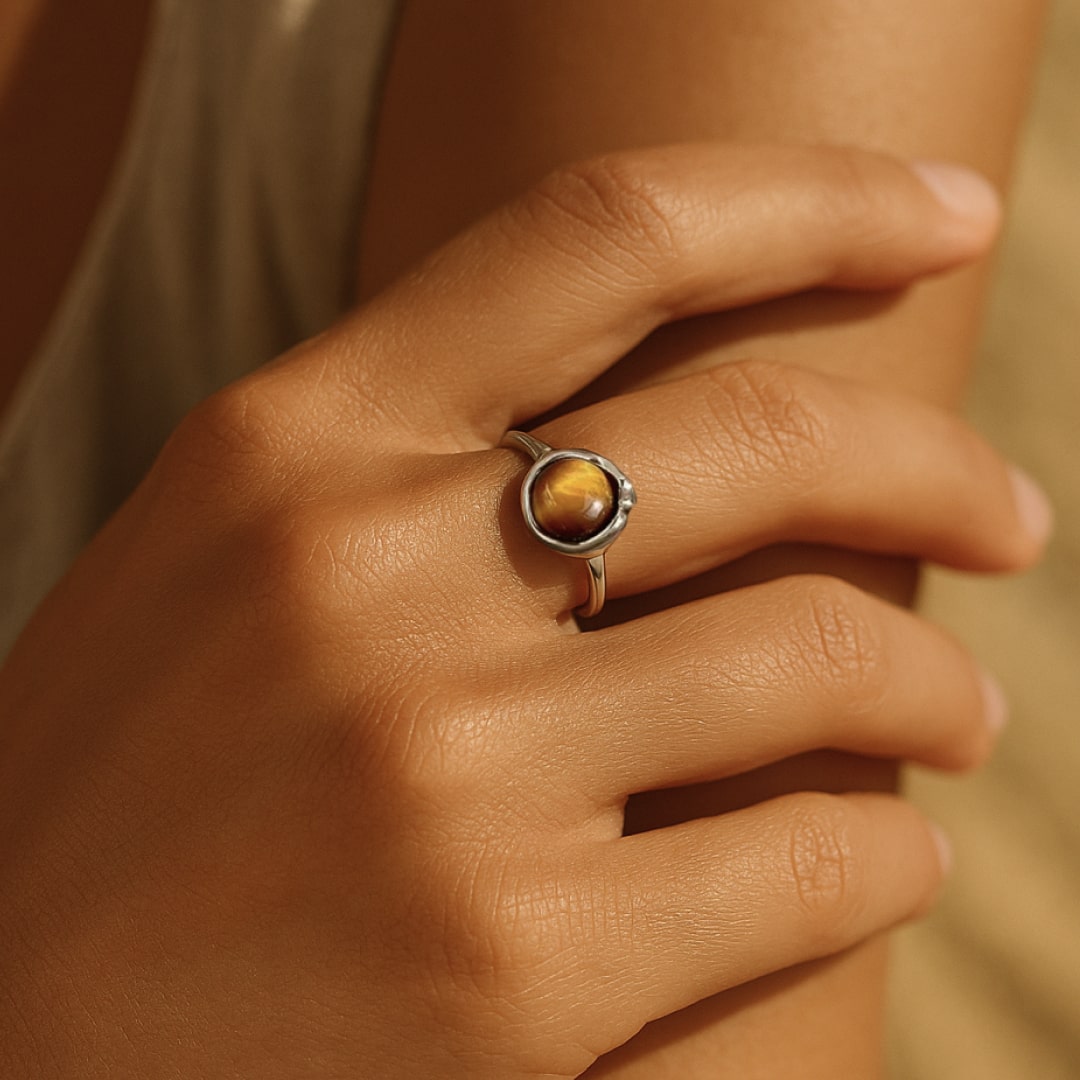 Bague Ajustable "Shakti" en Œil de Tigre & Argent