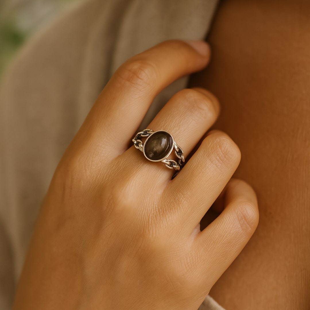 Bague Ajustable "Confiance Sacrée" en Obsidienne Dorée