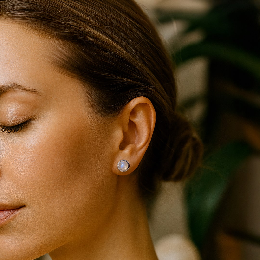 Boucles d’Oreilles "Bouton" en Labradorite Blanche & Argent